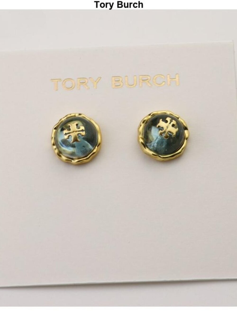 Tory Burch Gold-Tone Blue Logo Button Earrings